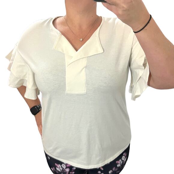 Worthington (M) Ruffle Short Bell Sleeve Split V Neck Blouse Tee Top Placket - Picture 2 of 12